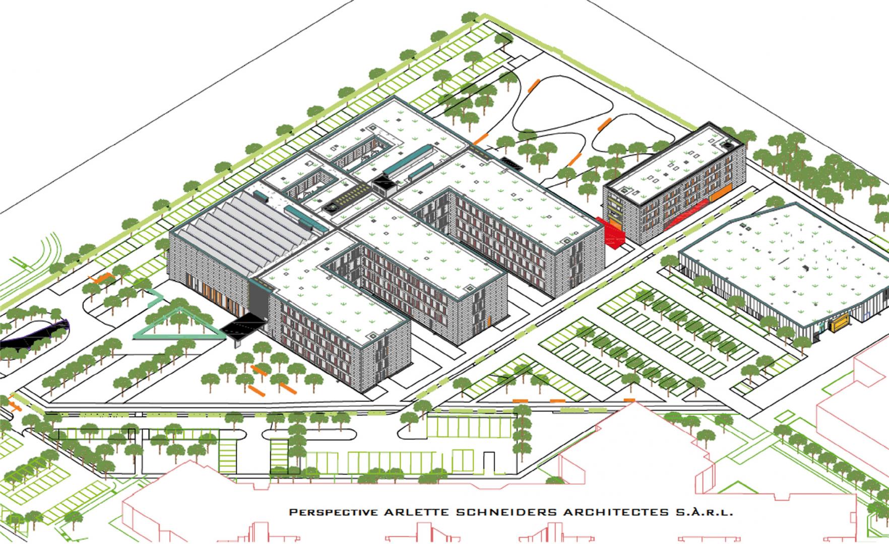 1 L.T.P.S. 2 Construction d’un lycée pour professions de santé à Strassen (L.T.S. 2) – Phase étude (conception architecturale : Arlette Schneiders Architectes sàrl)